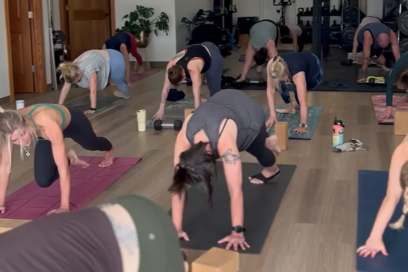 A studio yoga class in three-legged downward dog on green and pink mats, a cork block at the front of each mat