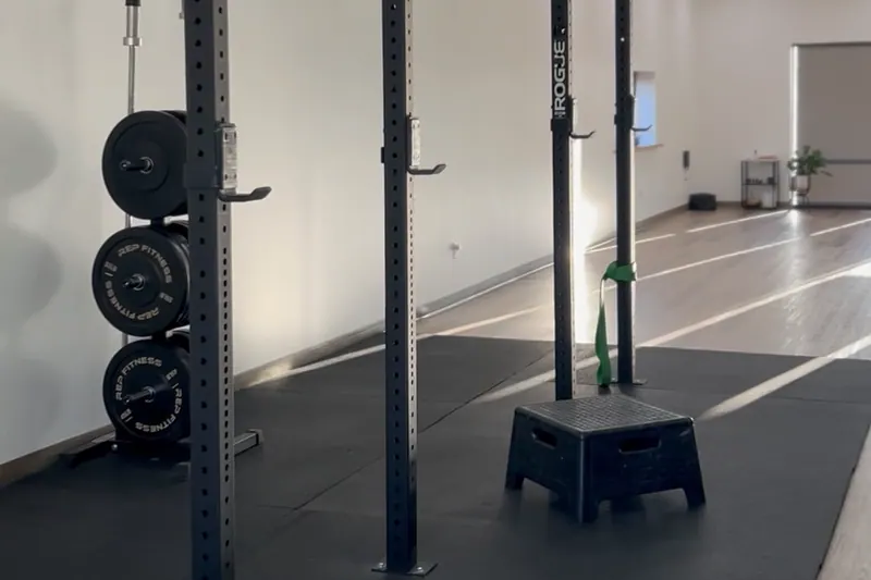 The empty House of Movement studio: wood floor, dumbbell rack, rowers and a spin bike along the wall, plants in the far window